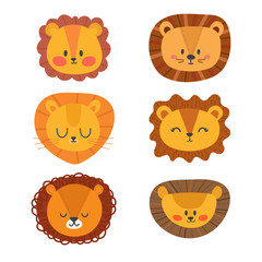 Set of cute lions. Funny doodle animals. Little lion in cartoon style