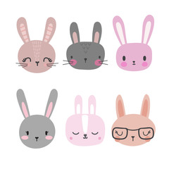 Fototapeta premium Set of cute rabbits. Funny doodle animals. Little bunny in cartoon style