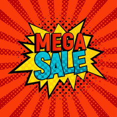 Mega Sale star bubble comic style vector illustration. Cartoon yellow cloud with Mega Sale text on red rays background. Pop art style, shoping and sale retro card