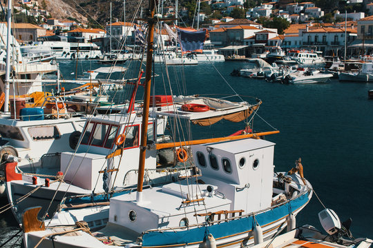 Marina of Hydra island, Aegean sea, Greece.