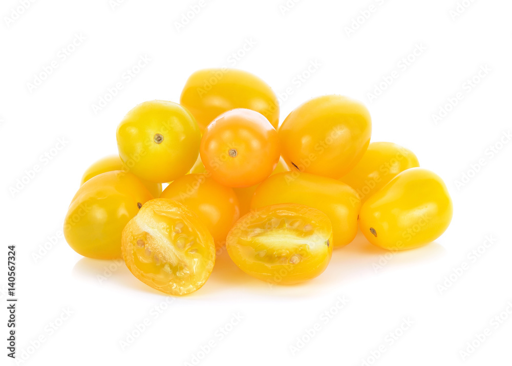 Poster yellow tomatoes on white background