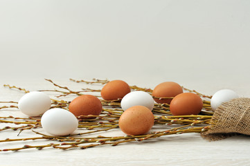 Eggs with willow branches in Easter still life