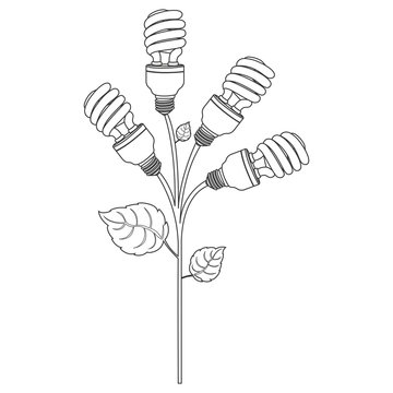 monochrome contour of spiral fluorescent bulbs with plant stem and leaves vector illustration
