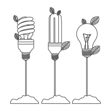 grayscale contour with Incandescent and fluorescent bulbs with stem and leaves vector illustration