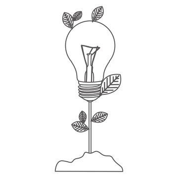 grayscale contour with plant stem with leaves and Incandescent bulb vector illustration