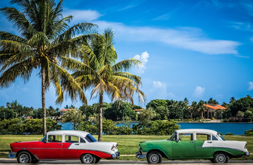 HDR - Amerikanische Oldtimer mit weissen Dach parken in der Nähe vom Strand unter Palmen in Varadero Kuba - Serie Kuba Reportage - obrazy, fototapety, plakaty