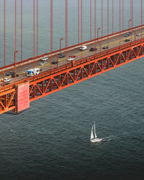 High angle view of vehicle driving across the Golden Gate Bridge