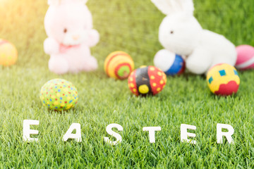Bunny toys and Easter eggs with text