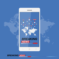 Breaking News on smartphone with background of the world map. Modern mobile TV. Vector illustration EPS 10