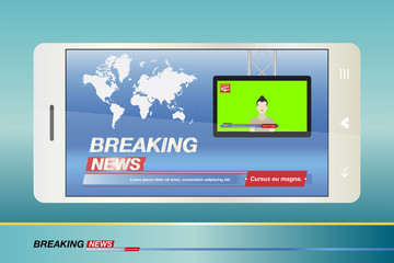 Breaking News on smartphone with background of the world map. Modern mobile TV. Journalist on the monitor screen. Vector illustration EPS 10