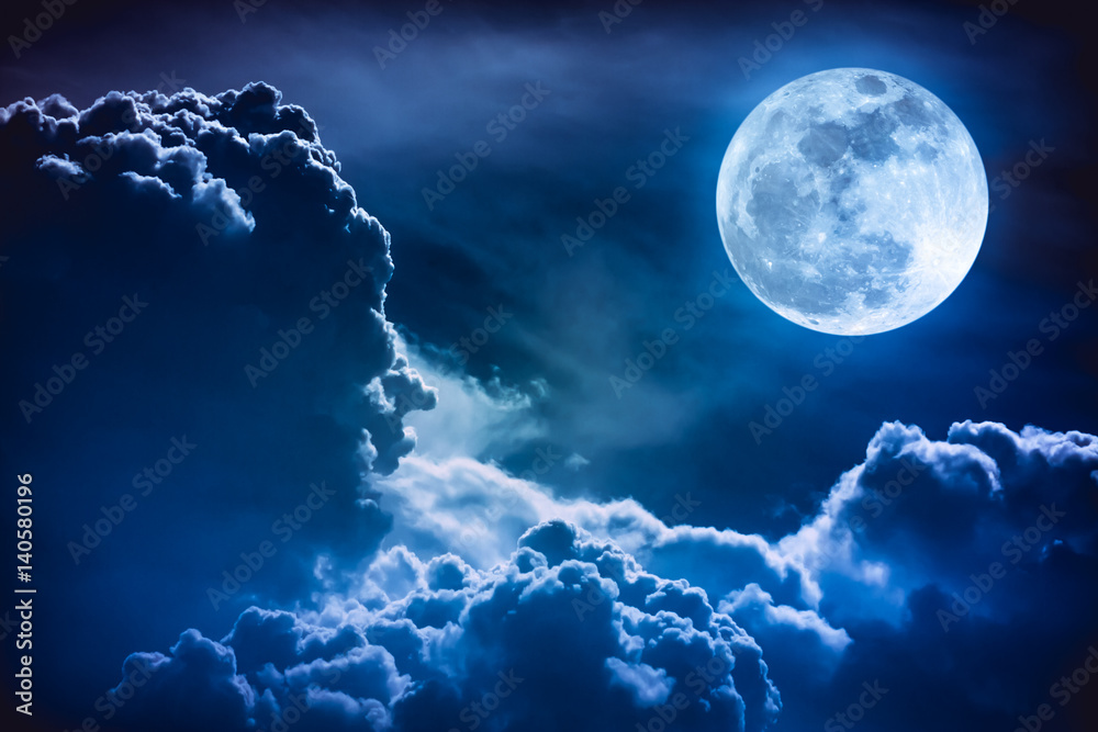 Poster nighttime sky with clouds and bright full moon with shiny.