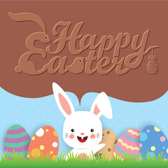 Fototapeta premium Easter greeting card template design. Colorful easter eggs on meadow with cartoon rabbit and chocolate speech bubble with text.