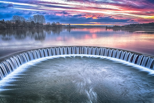 Lippesee dam-View over a Lippesee with dam Paderborn, North Rhine-Westphalia, Germany 