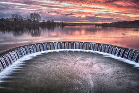 Lippesee dam-View over a Lippesee with dam Paderborn, North Rhine-Westphalia, Germany 