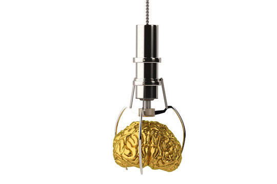 Toy crane machines clip a gold brain.3D illustration.