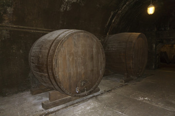 old large barrels with wine in cellar