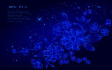 Abstract space embroidery flower decoration vector background. Dark blue night sky stars