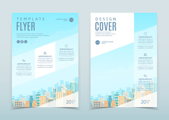 Vector design of flyer template. Light-blue vector illustration. Concept of business brochure with modern flat design of urban landscape with city buildings.