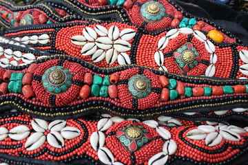 Amdo Tibet Tibetan Asian Asia China Chinese Belt Belts Decoration Red Aqua Blue White Shell Shells Black Beads Minority Adornment Adorn Nepal Nepalese 