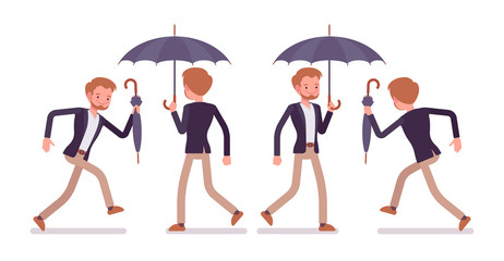 Set of young happy dandy walking and running, rear and front view