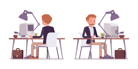 Set of dandy sitting at the desk, rear, front view