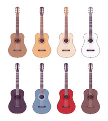 Set of colored acoustic guitars