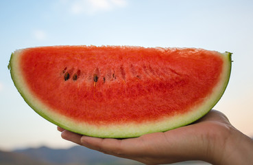 Close up watermelon on palm
