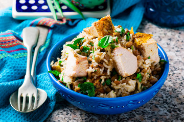 Rice, Chicken and Lentil Salad with Herbs.