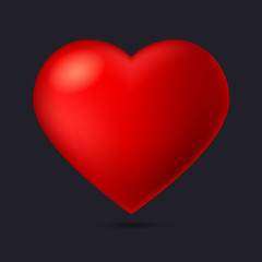 Big red, a scarlet heart isolated on dark background with shadow. Symbol, Icon, 3D illustration for use in template for greeting card, shape closeup, red heart icon for web sites and apps.