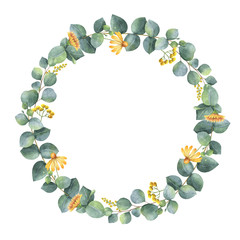 Watercolor wreath with silver dollar eucalyptus leaves and branches.