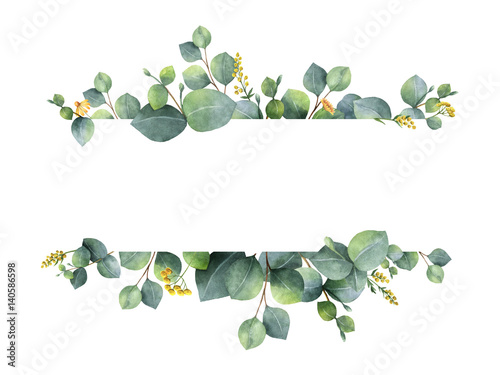 watercolor green floral banner with silver dollar eucalyptus leaves