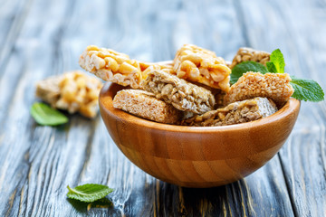 Bars of honey and peanuts.
