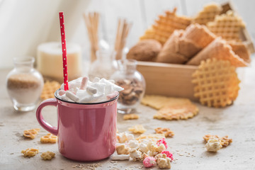 a delicious Cup of cocoa with marshmallows and straws