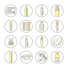 Collection of flat style stationery icons on circle.