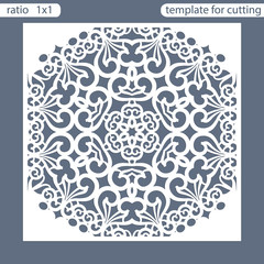 Template square greeting cards laser cut. Suitable for wedding invitations. Template greeting card for cutting plotter. Abstract round pattern. Vector illustrations.