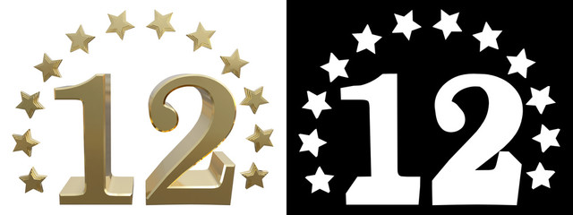 Gold number twelve, decorated with a circle of stars. 3D illustration