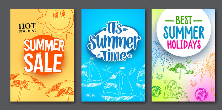 Summer sale and summer time vector web poster designs set with colorful backgrounds and drawing elements. Vector illustration.
