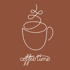 Continuous line cup of hot tea or coffee with steam and brown decoration