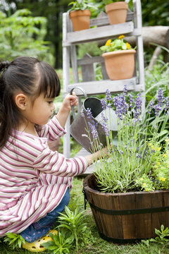 Girl watering potted flower