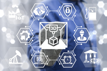 Concept 3d printing Oil Industry 4.0. Worker touched three dimensional printer icon on virtual screen. Development, introduction Three-dimensional Print technology in petroleum manufacturing.