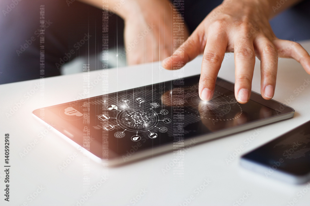 Aufkleber Man using mobile tablet payments online shopping and icon customer network connection on screen, m-banking and omni channel