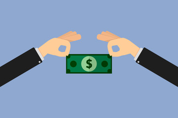 Dollar held by two executive hands on isolated background. flat style design