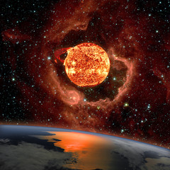 Sunrise over the planet Earth. The Sun in eruption appears on the RCW 79 in the southern Milky Way...