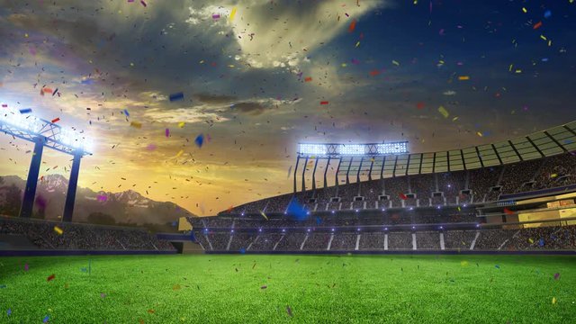 stadium Moving lights, animated flash  with people fans. 3d render illustration cloudy sunset Confetti and tinsel