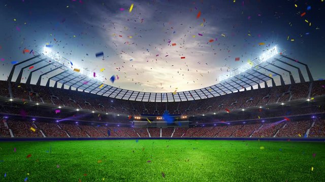 stadium Moving lights, animated flash  with people fans. 3d render illustration cloudy sunset Confetti and tinsel