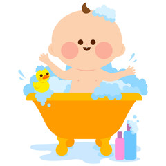 Baby in a bath tub taking a bubble bath. Vector illustration