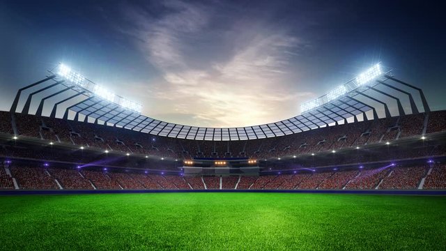 stadium Moving lights, animated flash  with people fans. 3d render illustration cloudy sunset