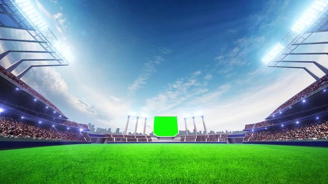 stadium Moving lights, animated flash  with people fans. 3d render illustration cloudy day sky