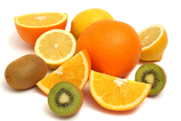 orange kiwi and lemon isolated on white background