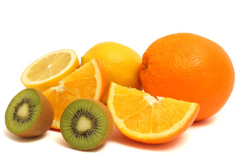 orange kiwi and lemon isolated on white background